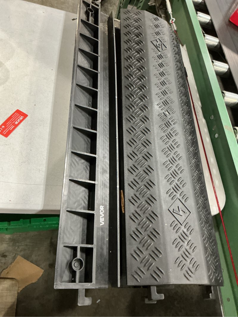 Condition photo showing Good Condition for vevor drop over cable cover, 17,500 lbs/axle load capacity, 2 channel heavy duty floor cord cover, cable hose protector ramp, for indoor, high walking traffic areas, home, office, warehouse, 2 pack