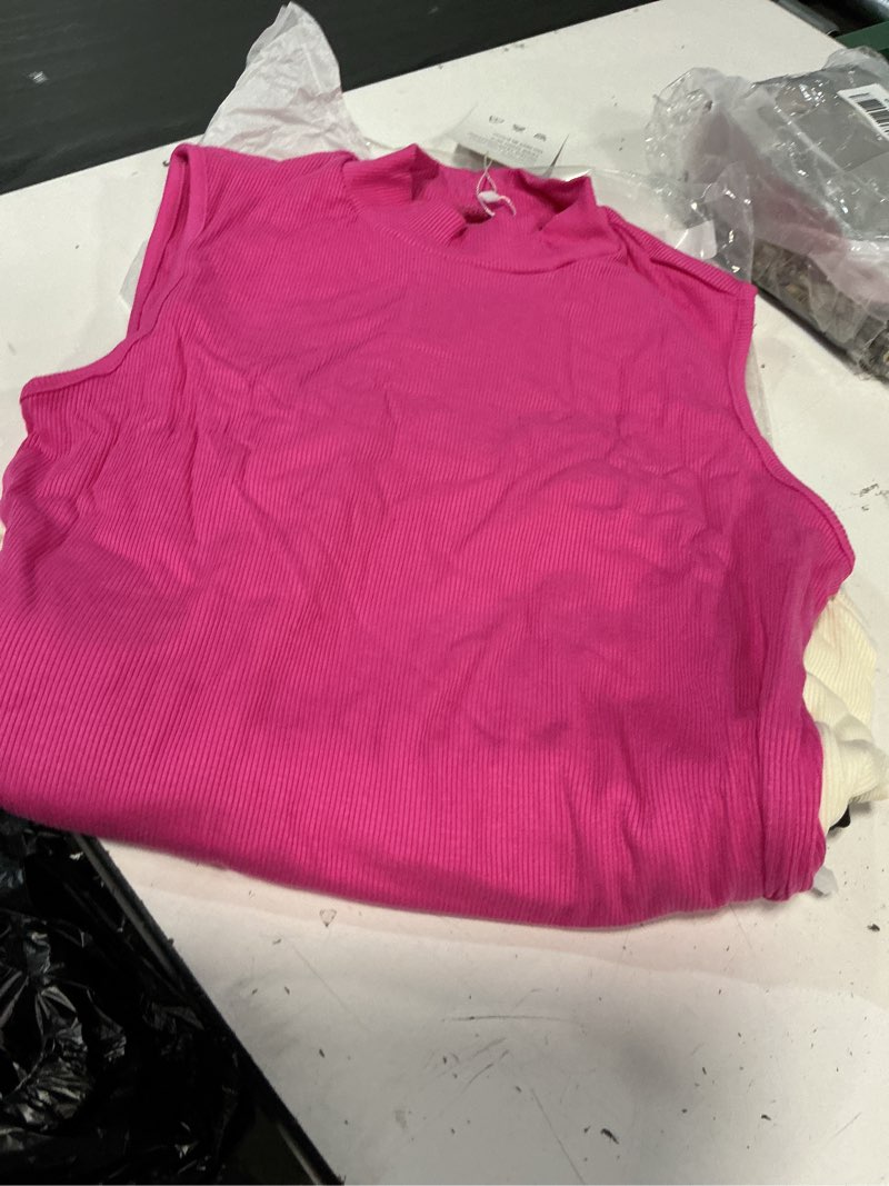 Condition photo showing Good Condition for zise s xaatren 3 pack women's sleeveless mock turtlenecks shirts, ribbed stretch slim fitted tank top basic lightweight bustier tee small pink, cream, black