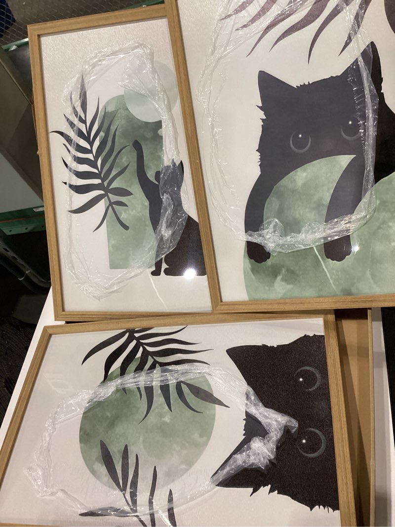 Framed Sage Green Cat Wall Art Set of 3, Natural OAK Wood Frame Boho Cute Black Cat Wall Decor Paint