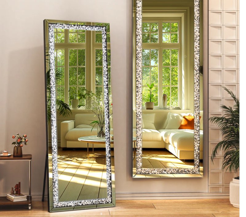 Ivy Bronx Full-Length Mirror with Lights and Crystal Crush Diamond, Wall Mounted Hanging Diamond Mirror Leaning for Living Room Bedroom with 3-Year Warranty