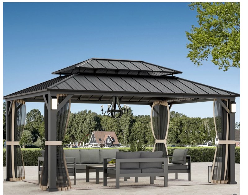 (Incomplete box 1 ) Modern Shade Horizon Permanent Hardtop Gazebo 12' x 16' with 4 LED Lights Patio Gazebo with Decor Hooks Mosquito Nettings Black