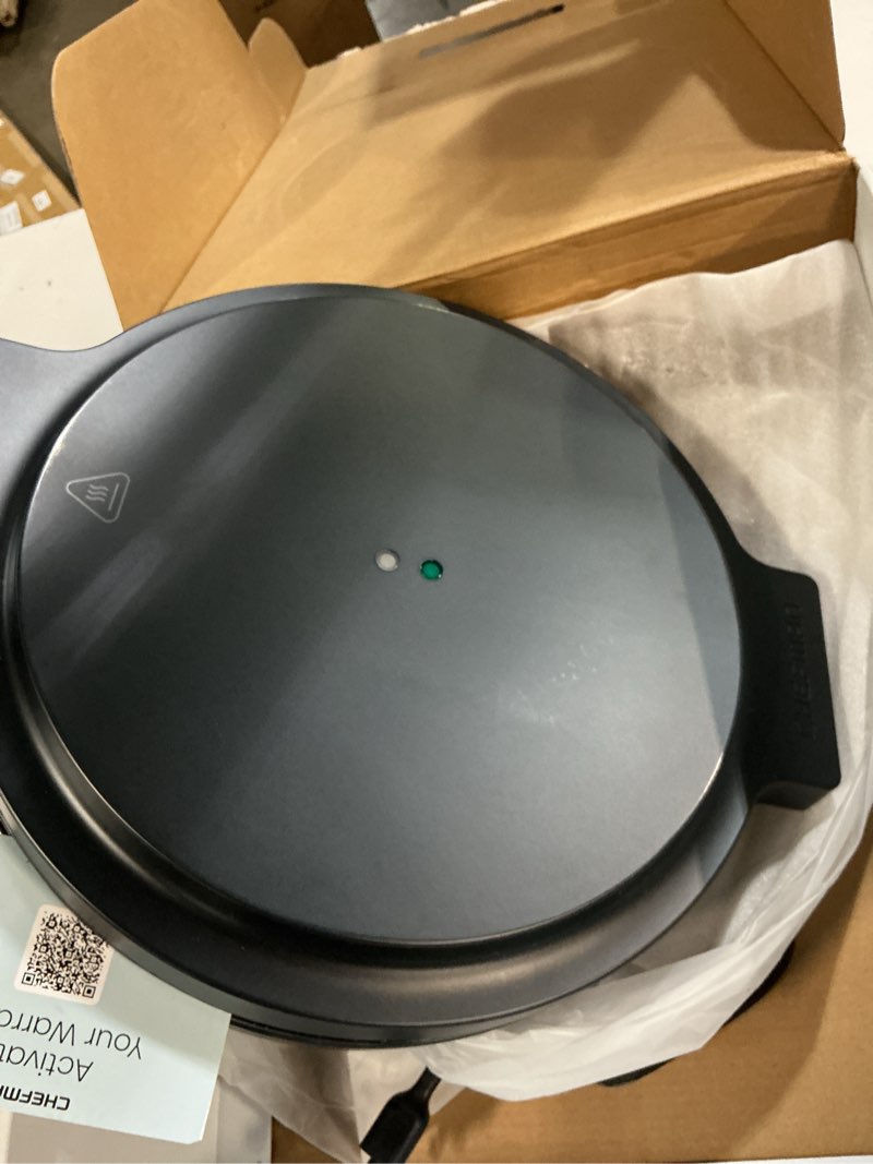 Condition photo showing Good Condition for chefman everything maker & pizza oven – 1440w countertop electric pizza maker with 12” nonstick cooking plates, plus makes quesadillas, omelettes and more, with indicator lights and vertical storage 13" x 15" x 4" midnight