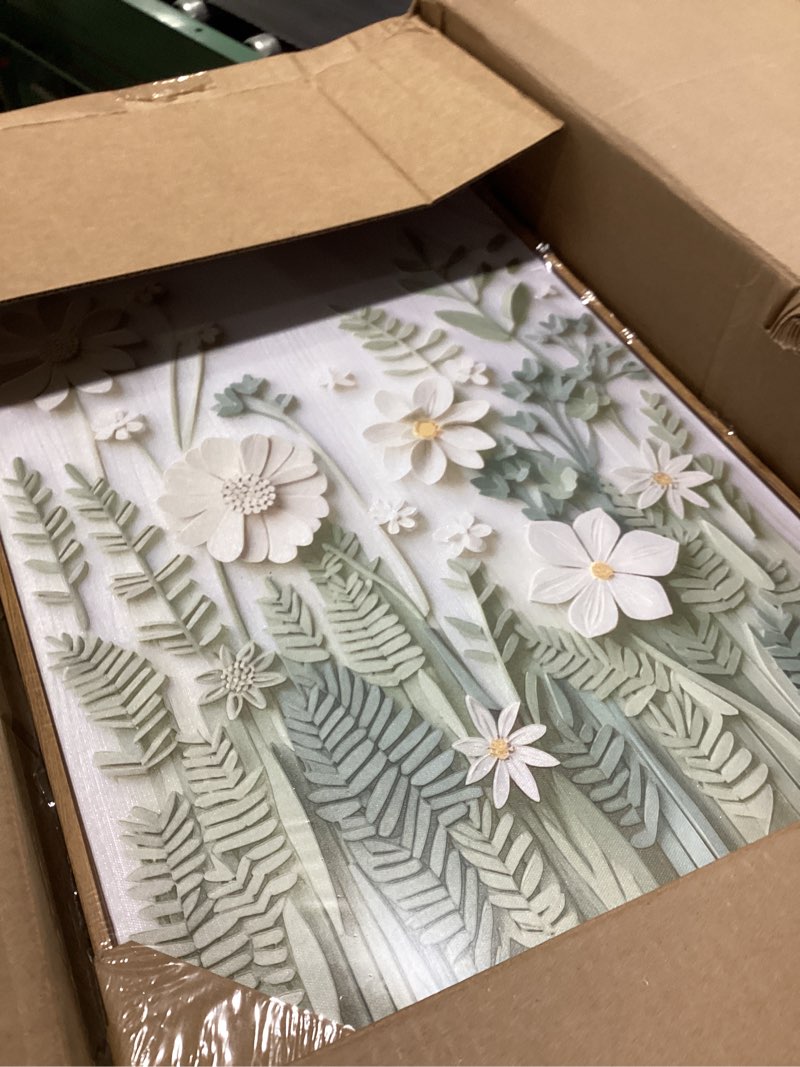 Condition photo showing Good Condition for 3 pcs framed farm sage green wildflowers canvas wall art neutral minimalist abstract boho floral botanical painting pictures wall decor poster print artwork for living room bedroom decoration wooden frame 24l" x 16w"
