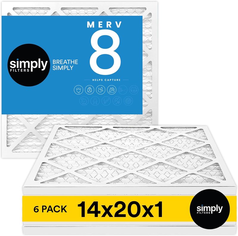 simply 16x20x1 air filter, merv 8, 6 pack, for home ac furnace & hvac (actual size: 15.75\"x19.75\"x0.75\") dust, pet, & allergy control