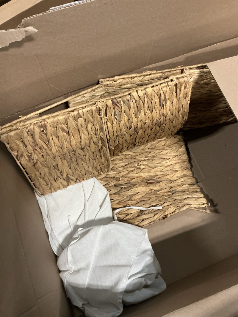 Condition photo showing As Is for Handwoven Wicker Storage Basket with 2 Lids & Liners, Large Shelf Basket for Clothes, Toys, Blankets