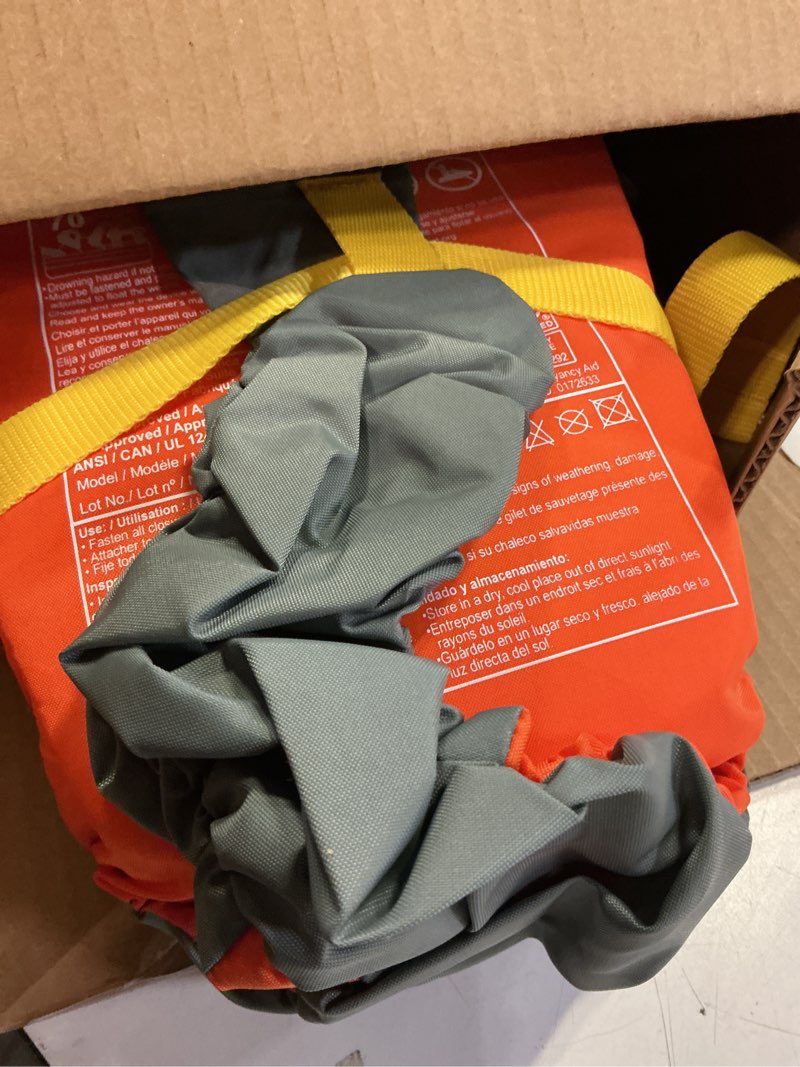 Condition photo showing As Is for full throttle infant baby-safe uscg approved life jacket orange