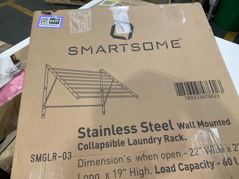 Condition photo showing New/Like New for Smartsome | Wall Mounted | Clothes Drying Rack| 22" Wide |15 Linear Feet Capacity | 8 Smooth Round Stainless Steel Rods | 60 lb Capacity | Fully Assembled | Compact Sturdy Space-Saving Design 22-inches