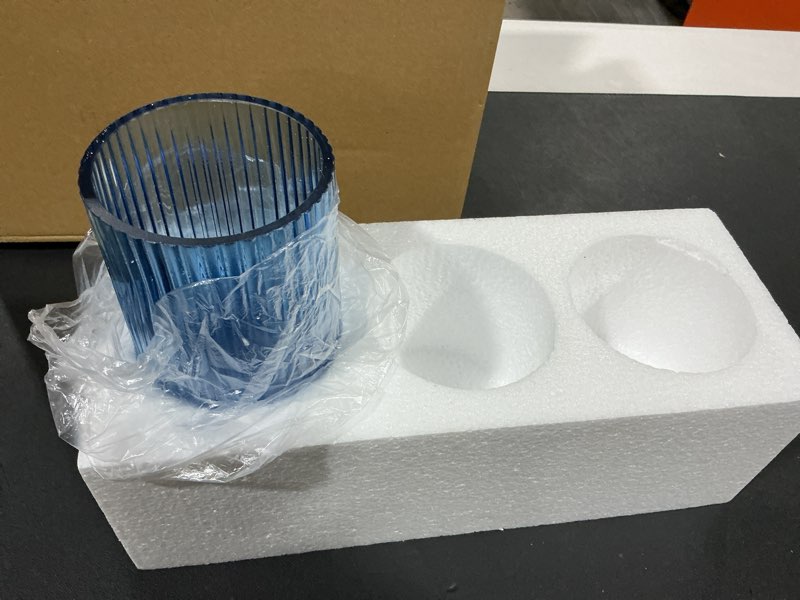 Condition photo showing Good Condition for Missing 2 (single v	ase only)Blue Glass Vases, Flower Vases Set of 3, Ribbed Glass Vase for Tulips, Tall Cylinder Glass Vases for Living Room, Bedroom, Dining Table, Office, Wedding, Bookshelf Decoration, 8 Inches Blue 8'' X 3Pack