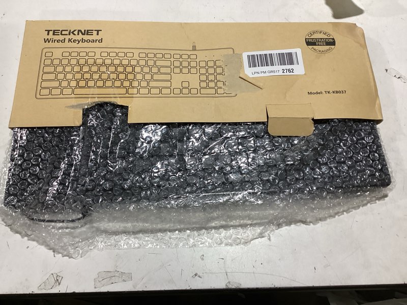 Condition photo showing As Is for tecknet wired keyboard,silent usb keyboard for office,spill-resistant,slim full-size membrane layout,plug and play for pc/laptop/mac-rgb backlit