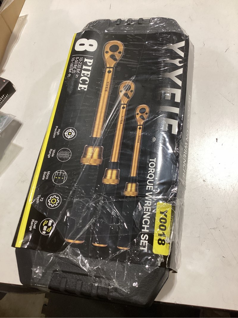 Condition photo showing As Is for 1/4 3/8 1/2-inch drive click torque wrench, 8pcs torque wrench set 10-230in.lb, 5-50ft.lb, 10-180ft.lb with adapters, ±3% accuracy, 72-tooth dual scale torque wrenches for bike, moto, car repair 1/2 3/8 1/4-inch 10-180ft·lb,5-50ft·lb,10-230in·lb