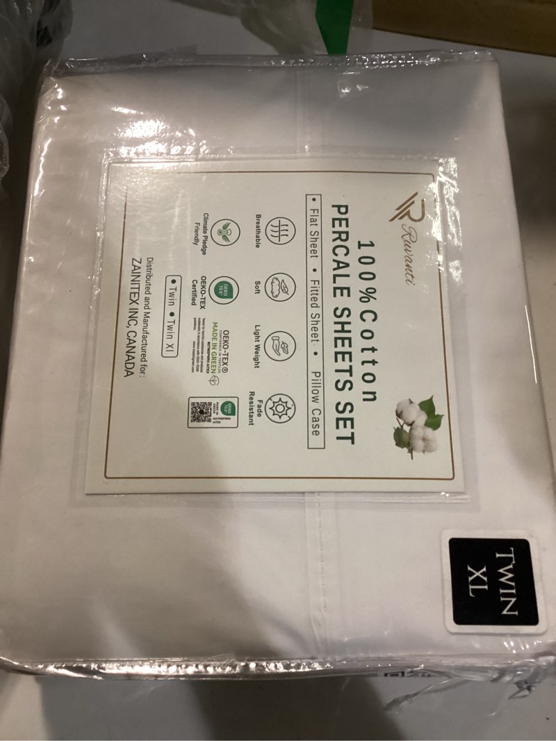 Condition photo showing Good Condition for RUVANTI 100% Cotton Twin XL Sheet Sets, 3 Pieces, Soft & Breathable Percale Weave Bedding, Deep Pocket 16", Hotel Standard, Crisp Cool Feel, Durable, Perfect Size Dyed Sheets, Bright White Bright White Twin XL