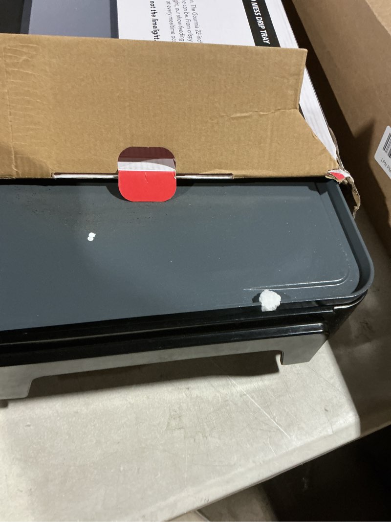 Condition photo showing As Is for Gourmia 22-Inch XL Electric Griddle Pan - Nonstick Extra Large Ceramic Surface for Breakfast, Pancakes - Non-Toxic Flat Top Cooker - Countertop Kitchen Appliances for Tabletop Indoor Cooking