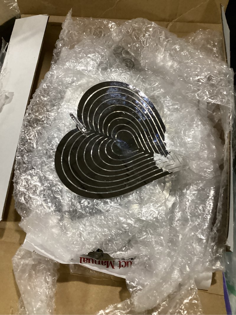 Condition photo showing As Is for djuan heart bird scare discs set-highly reflective double-sided bird reflectors,extra sparkly metal wind spinner outdoor garden decor, bird devices deterrent to scare birds away from yard patio farm silver heart