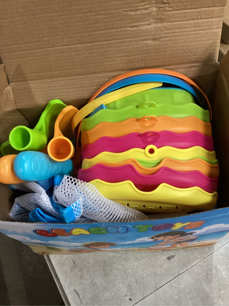 Condition photo showing Good Condition for beach sand toys for kids with 4 collapsible beach bucket, beach essentials | travel sand toys for kids ages 4-8 with sifter shovels set & mesh bag, sandbox outdoor beach toys for toddlers boys girls