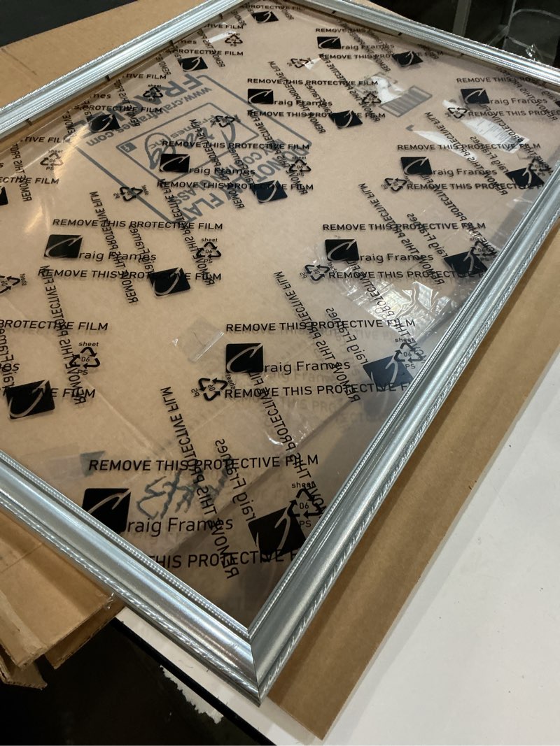 Condition photo showing As Is for craig frames 24x36 picture frame – victoria ornate silver 1.5 inch wide solid wood moulding, vintage decorative finish, includes plexiglass and backing, wall display frame for art, posters, or photos