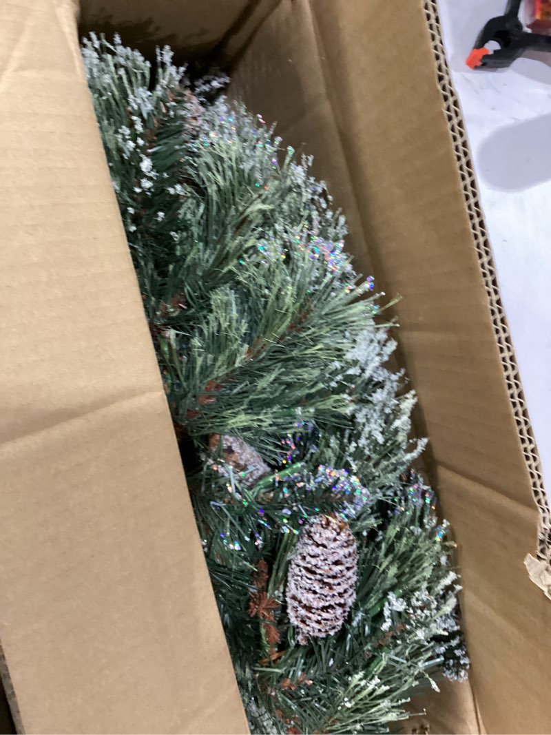 Condition photo showing New/Like New for Not tested National Tree Company 6 ft Pre-Lit Glittery Bristle Artificial Christmas Garland, Christmas Decoration with Pinecones, 50 Warm White LED Lights, 138 Tips, Timer, Green