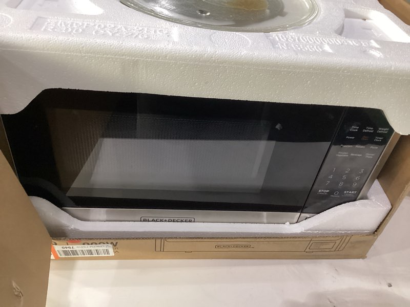 Condition photo showing As Is for black+decker digital microwave oven with turntable push-button door, child safety lock, stainless steel, 0.9 cu ft 0.9 cu.ft stainless steel, not tested, incomplete