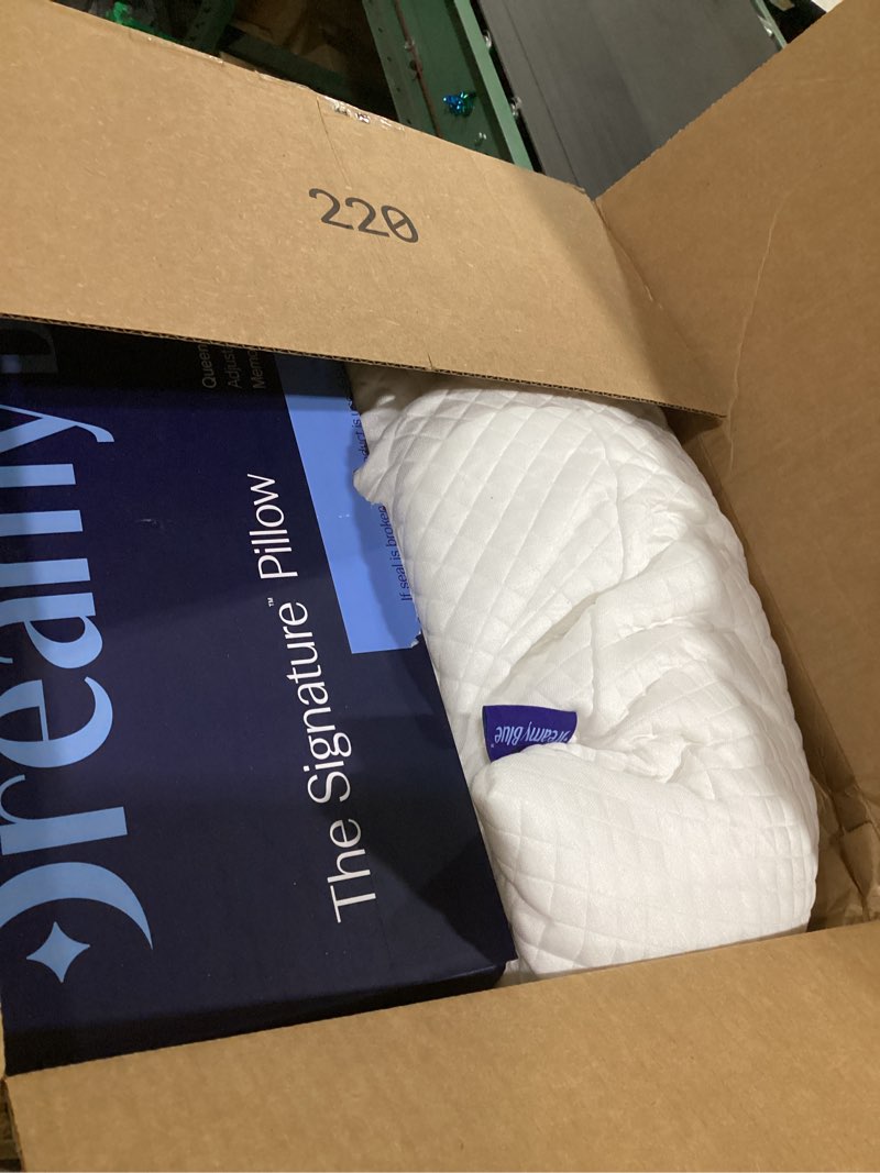 Condition photo showing As Is for dreamyblue signature pillow w/adjustable loft • shredded memory foam fill • neutral alignment for side, back, and stomach sleepers • washable bamboo rayon cover • certipur-us certified foam (queen) queen (pack of 1)