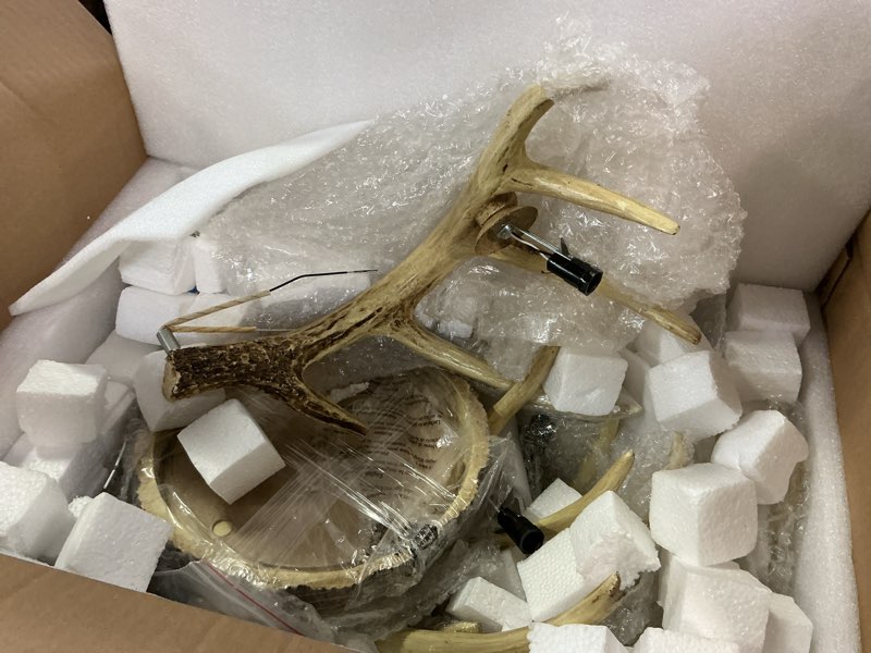 Condition photo showing As Is for Meefad Rustic Antler Ceiling Light - Farmhouse Flush Mount, 5-Light Antler Chandelier for Dining & Living Room