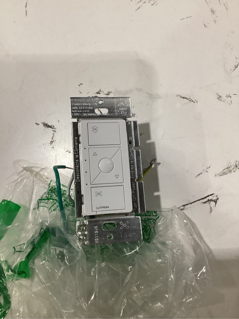 Condition photo showing As Is for lutron caseta smart fan speed control switch (smart hub required), single-pole lutron caseta switch for fans, pd-fsqn-wh, white white smart fan control