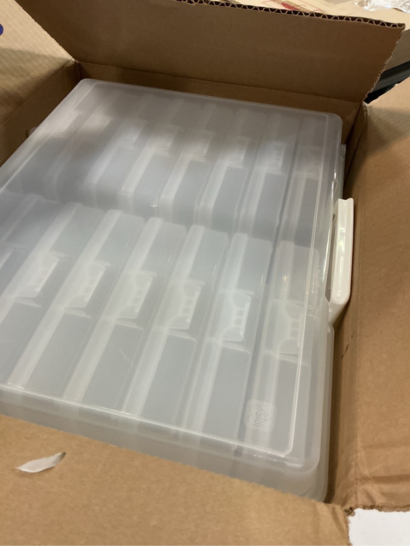 Condition photo showing Good Condition for IRIS USA 4" x 6" Photo Storage Box Craft Keeper, 2-Pack, Transparent Handle Container with 16 Organization Holder Cases for Pictures, Tasks, Scrapbooking, Stationery Storage, Clear Clear 16 Cases
