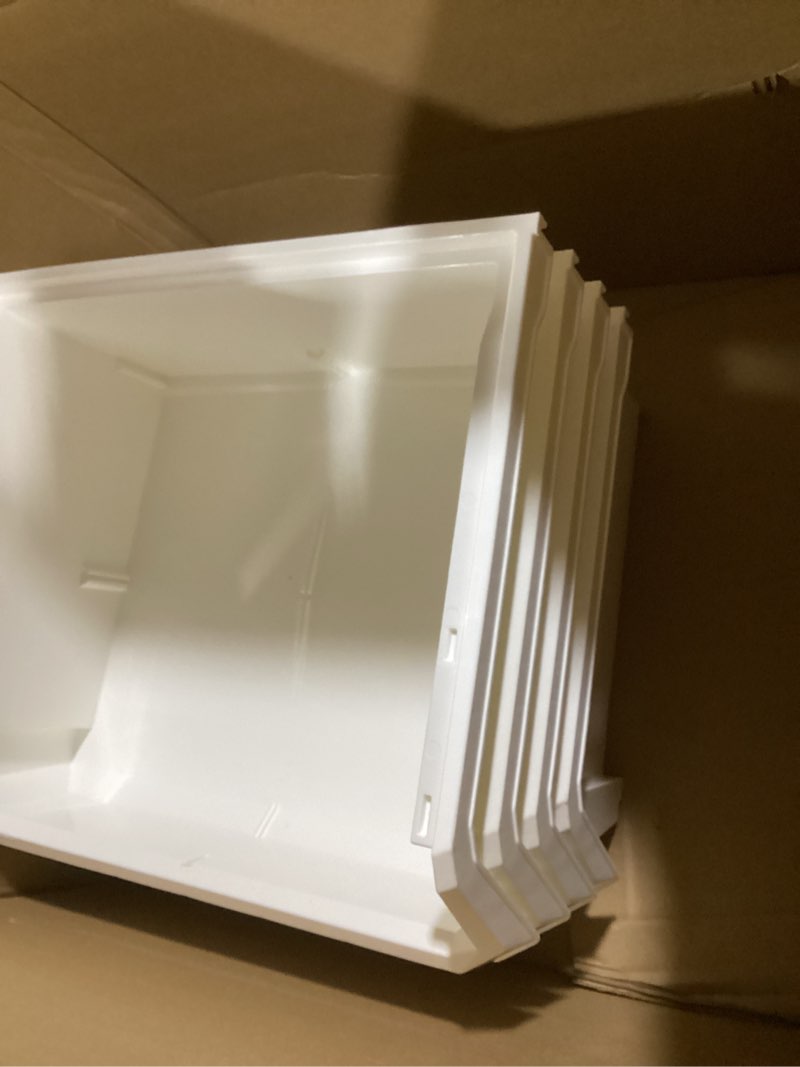 Condition photo showing Good Condition for Plastic Containers for Organizing and Storage Bins for Closet, Kitchen, Office, Garage or Pantry Organization, Stackable Bins, Extra Large (14.8\" x 16.5\" x 7\"), 4-Pack, White White Extra Large, 4-Pack