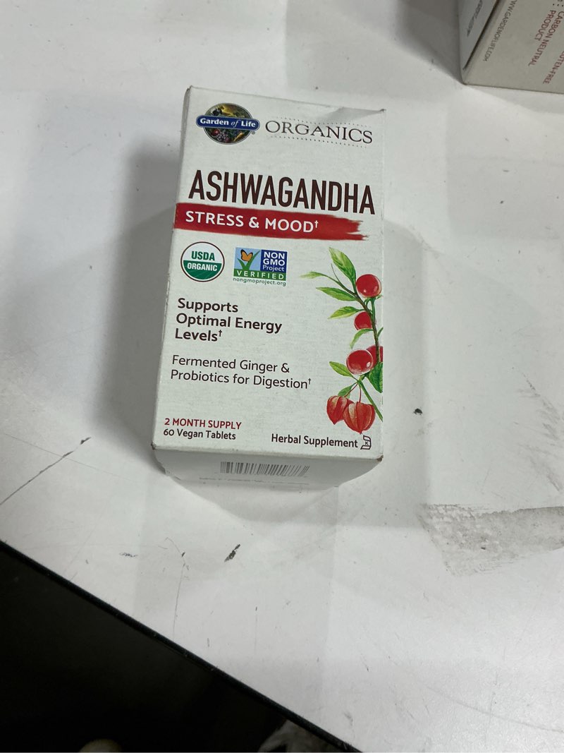 Condition photo showing New/Like New for  Best used by: 03 2026Garden of Life Organic Ashwagandha Supplement with Probiotics & Ginger - Stress, Mood & Energy Support, Vegan, Gluten Free, Non GMO, 2 Month Supply, 60 Tablets