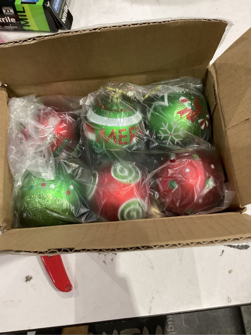 Condition photo showing As Is for Lanpn 30 Pcs Outdoor Christmas Ornaments, 2.4" Mini Xmas Tree Elf Swirl Ball Decoration, Red Green Christmas Ornament Set, Glittering String Ball Plastic Hanging Decor for Lawn Yard Holiday Party Style a 2.4"/30 pcs