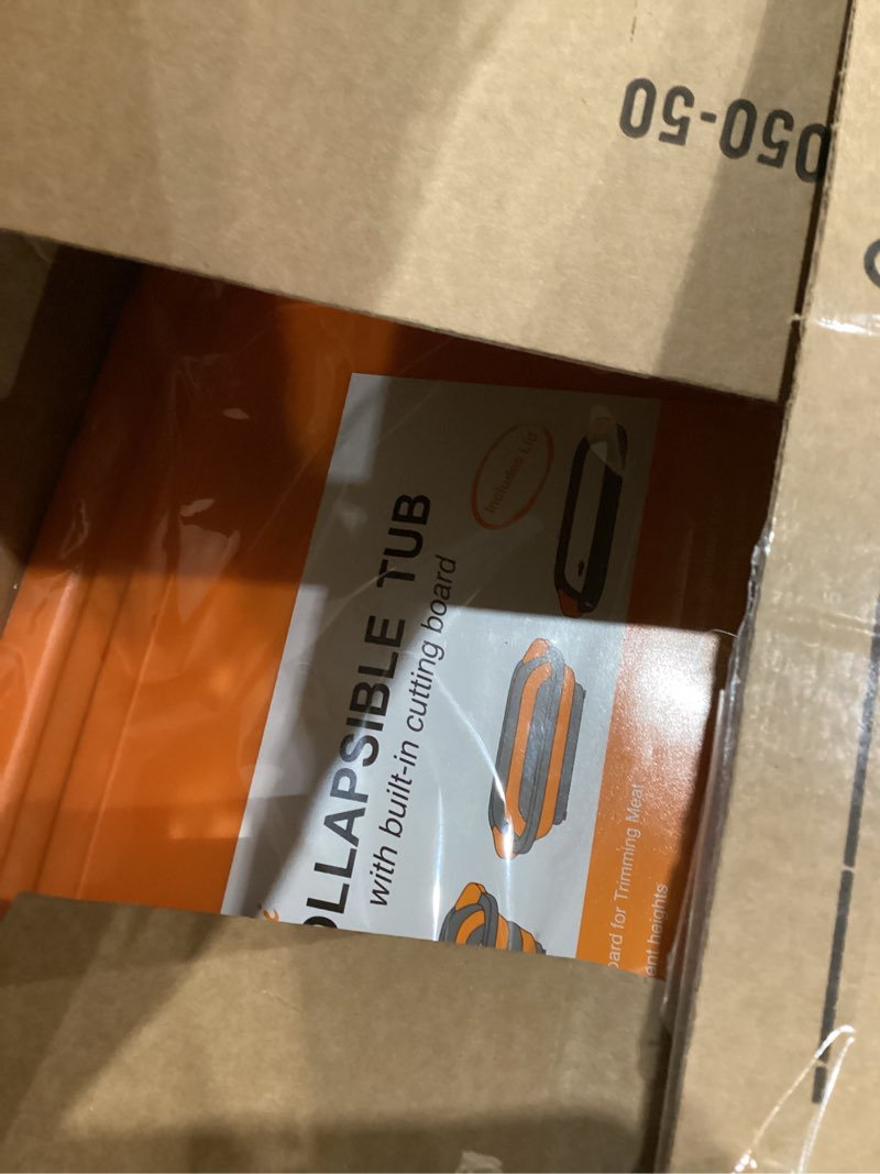 Condition photo showing New/Like New for Tiawudi Large Collapsible BBQ Prep Tub with Locking Lid, Basket for Meal Prep Marinating Food Storage, Plastic Cutting Board(4.22 Gal/16L), Camping Sink with Colander, Dish Basin Orange 20"L x 16.3"W