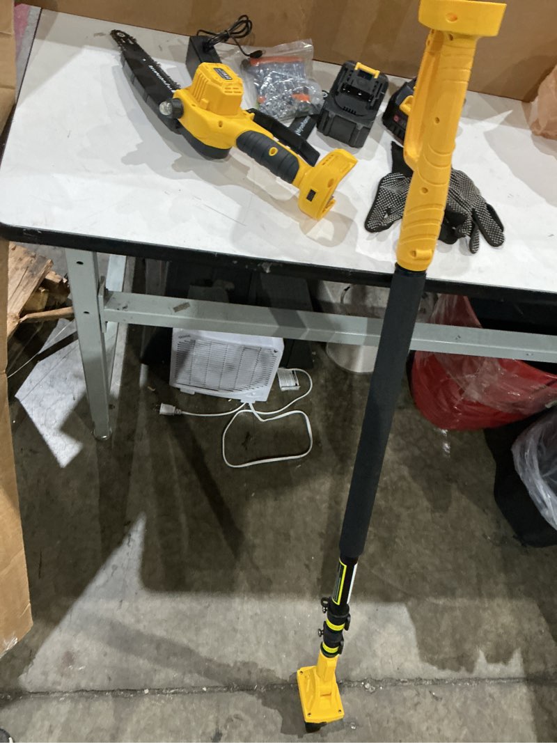 Condition photo showing Good Condition for 2-in-1 electric pole saw for tree trimming,1200w brushless cordless pole saw & 6 inch mini chainsaw with 2 x 4.0ah 21v batteries,16 ft max reach & multi-angle, tree trimmer for branch cutting. yellow02 as is