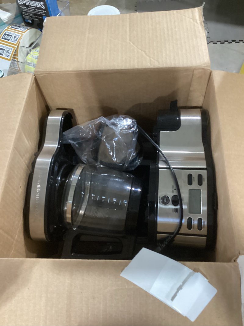 Condition photo showing As Is for Hamilton Beach 2-Way Programmable Coffee Maker, 12 Cup Glass Carafe And Single Serve Coffee Maker, Black with Stainless Steel Accents, 49980RG 12 Cup Black