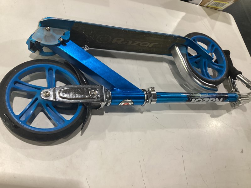 Condition photo showing As Is for razor a5 lux kick scooter for kids ages 8+ - 8" urethane wheels, anodized finish featuring bold colors and graphics, for riders up to 220 lbs blue scooter