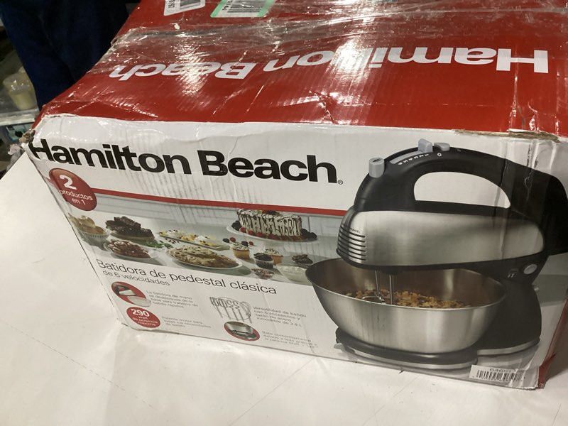 Condition photo showing As Is for Not tested *** missing parts ***Hamilton Beach Classic Stand and Hand Mixer, 4 Quarts, 6 Speeds with QuickBurst, Bowl Rest, 290 Watts Peak Power, Black and Stainless Black and Stainless 290 Watts Peak Power
