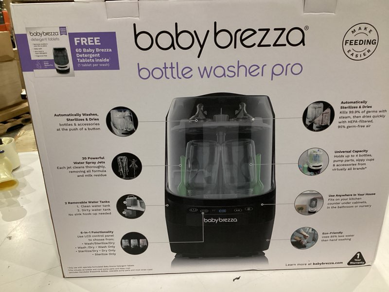 Condition photo showing New/Like New for baby brezza bottle washer pro - baby bottle washer, sterilizer + dryer - all in one machine cleans baby essentials like bottles + pump parts – appliance to replace bottle brushes & drying racks, black