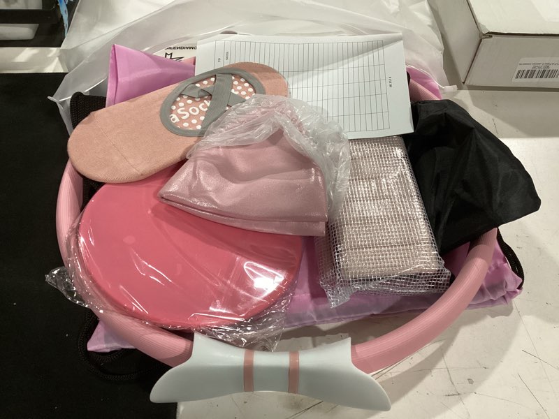 Condition photo showing Good Condition for 16 pcs pink pilates ring and ball set for women with 15" magic circle, home pilates equipment kit with adjustable 1lb ankle wrist weight, resistance band, gliding discs, pilates essentials accessories