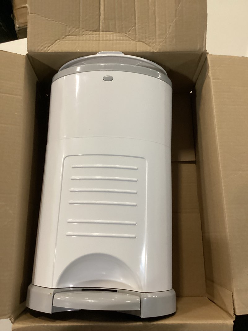 Condition photo showing As Is for diaper dekor eko mini diaper pail, white, only eco-friendly diaper pail made with 70% recycled materials, hands-free: step–drop–done, cost-effective refill system