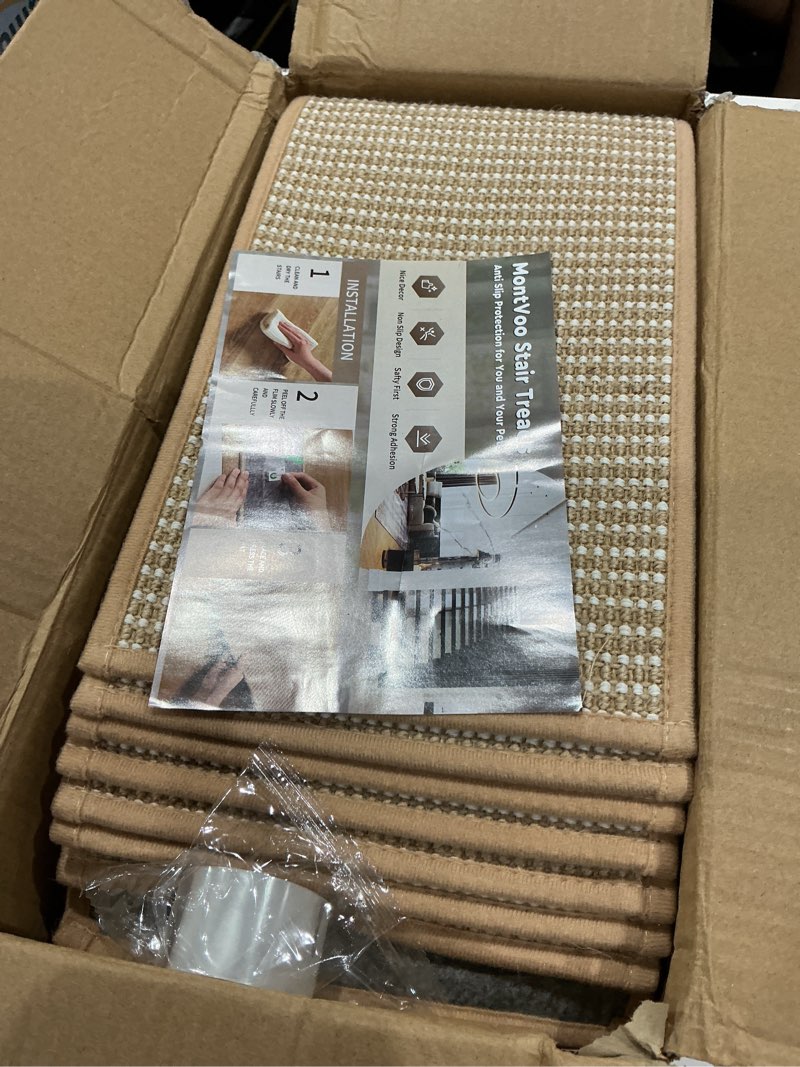 Condition photo showing As Is for 15pc jute stair treads for wooden steps-non slip peel and stick stair treads indoor, adhesive staircase step treads residue free, cat-friendly & scratch-resistant durable stair runner rug,8"x30" beige 8"x30" 15