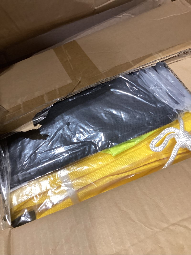 Condition photo showing As Is for aluminum volleyball net for backyard, portable volleyball net with anti-sag design, outdoor volleyball net set with lengthened stakes and boundary line for beach and grass yellow