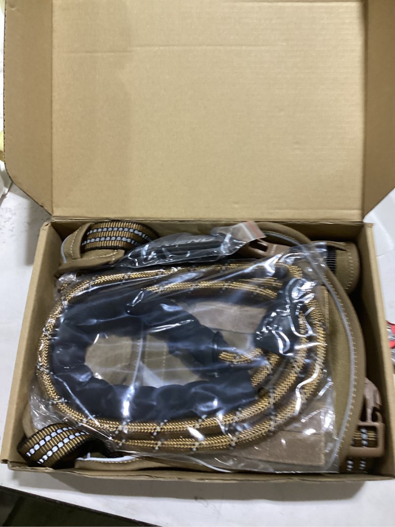 Condition photo showing New/Like New for heavy duty tactical dog harness for medium dogs, brown, molle system, four-point adjustment, anti-lost id tag, includes 5ft leash medium brown