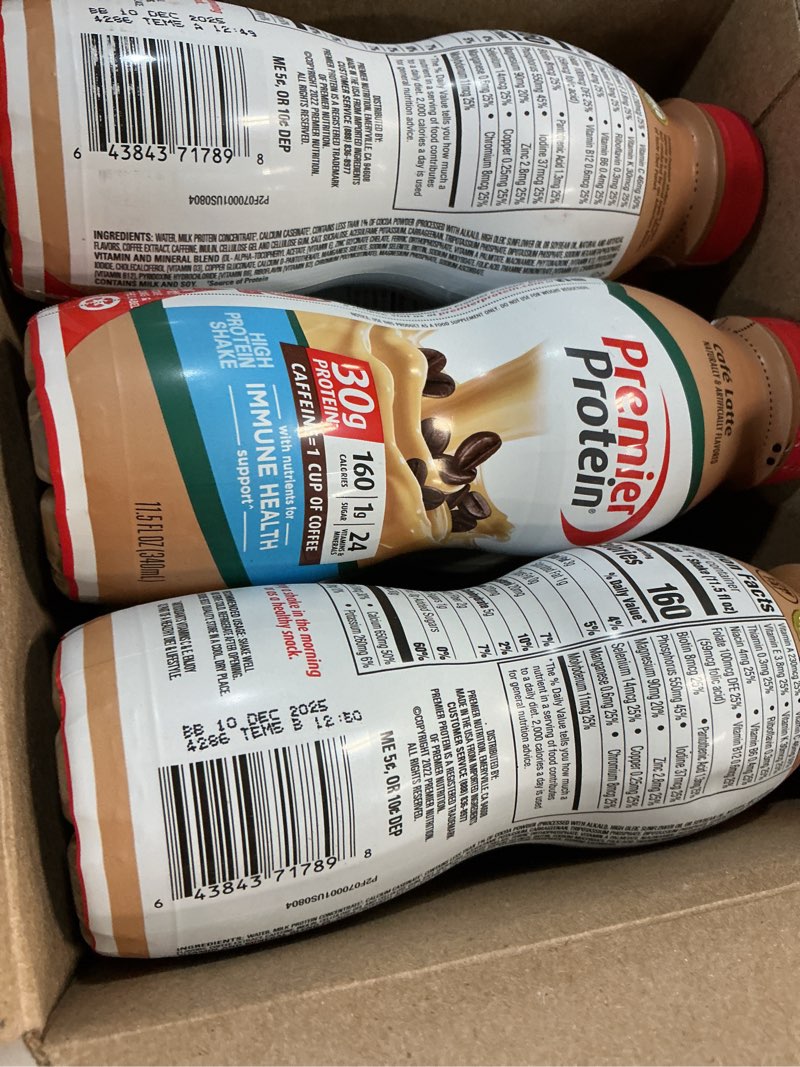 Condition photo showing Good Condition for (Best by 10-Dec-2025)Premier Protein Shake, Café Latte, 30g Protein, 1g Sugar, 24 Vitamins & Minerals, Nutrients to Support Immune Health, 11.5 fl oz (pack 12)