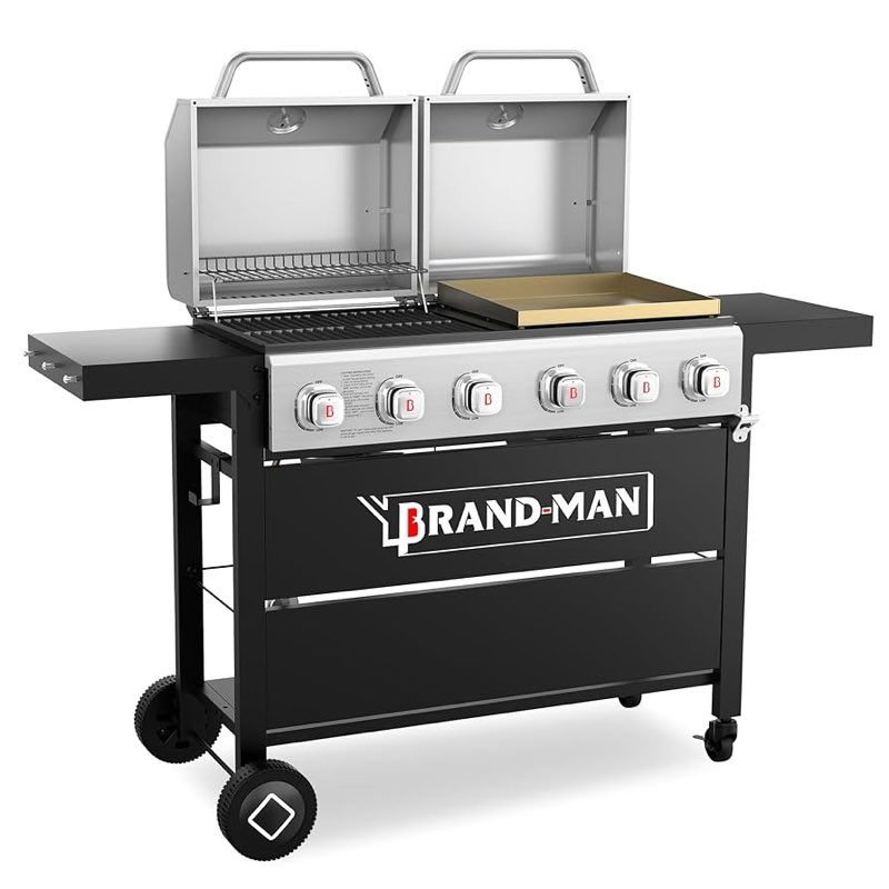 Brand-Man 6-Burner Propane Gas Grill with Cast Iron Grate & Griddle, BBQ Grill for Outdoor Barbecue