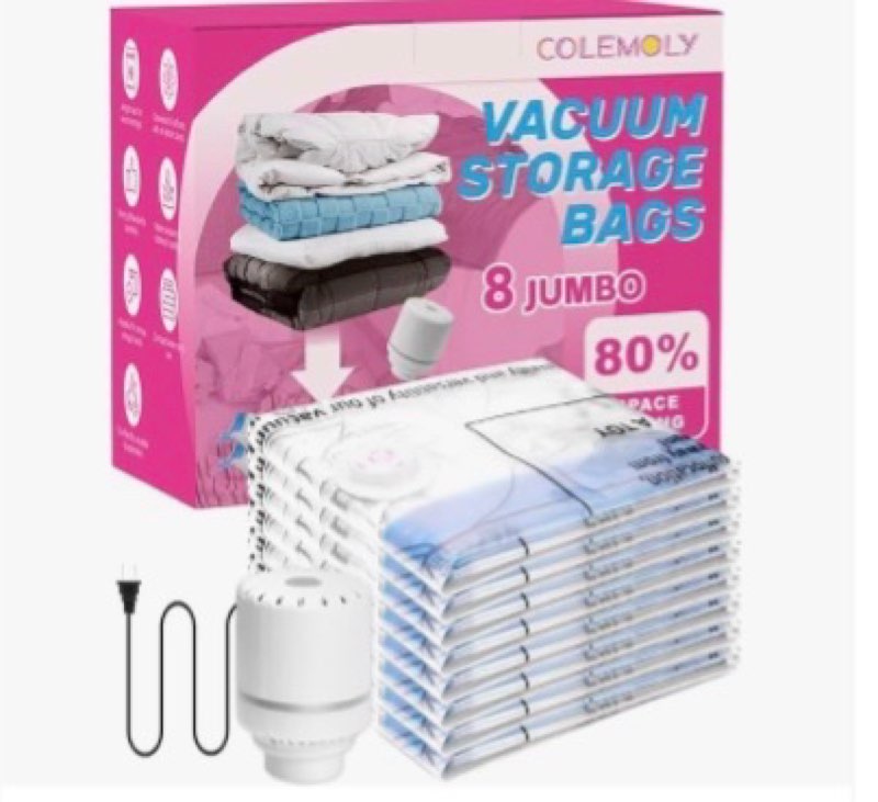 - Colemoly Vacuum Storage Bags with Electric Air Pump, 8 Jumbo Compressio..Space Saver Vacuum Seal Bags for Clothing, Blanket, Comforter, Travel, Moving