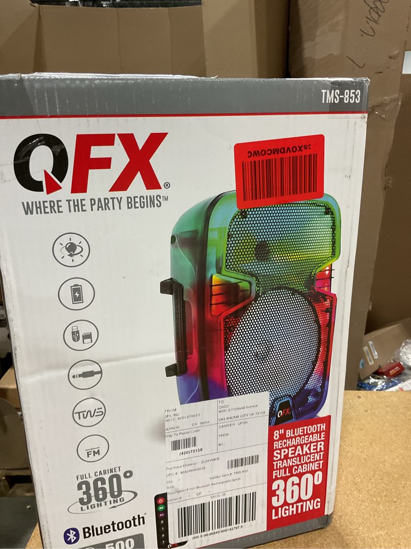 Condition photo showing New/Like New for crystal clear sound, bright party lights, portable & easy to use | 8" rechargeable bluetooth pa karaoke loud party speaker, 5-hour playtime | tws, usb, tf, aux, fm radio | qfx | tms-853