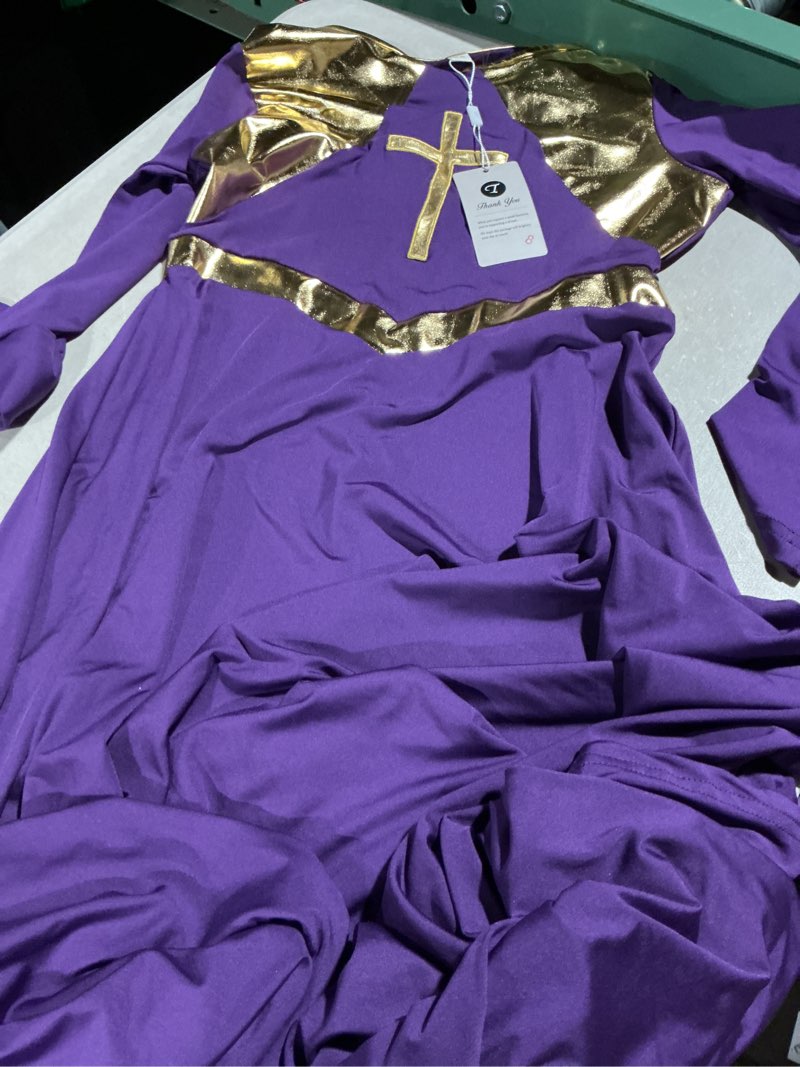 Condition photo showing Good Condition for women's two-tone metallic liturgical dance dress, long-sleeve liturgical praise dance dress, lyrical dancewear for church (size xs)