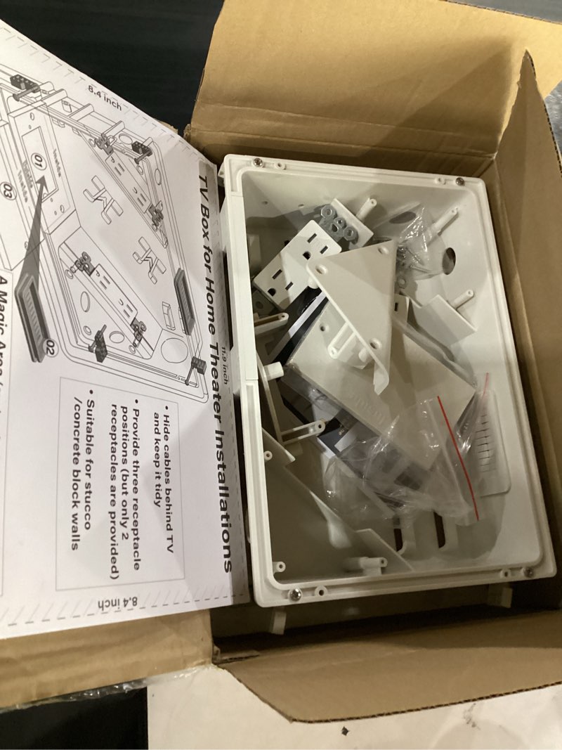 Condition photo showing Good Condition for in-wall tv box with flange for home theater installation, 11.9" x 8.4" cord hider for wall mounted tv, with 2 outlets, cable bracket, lv cable & 1-1/2" ent entrance, ideal for new or retrofit job white 1 pack