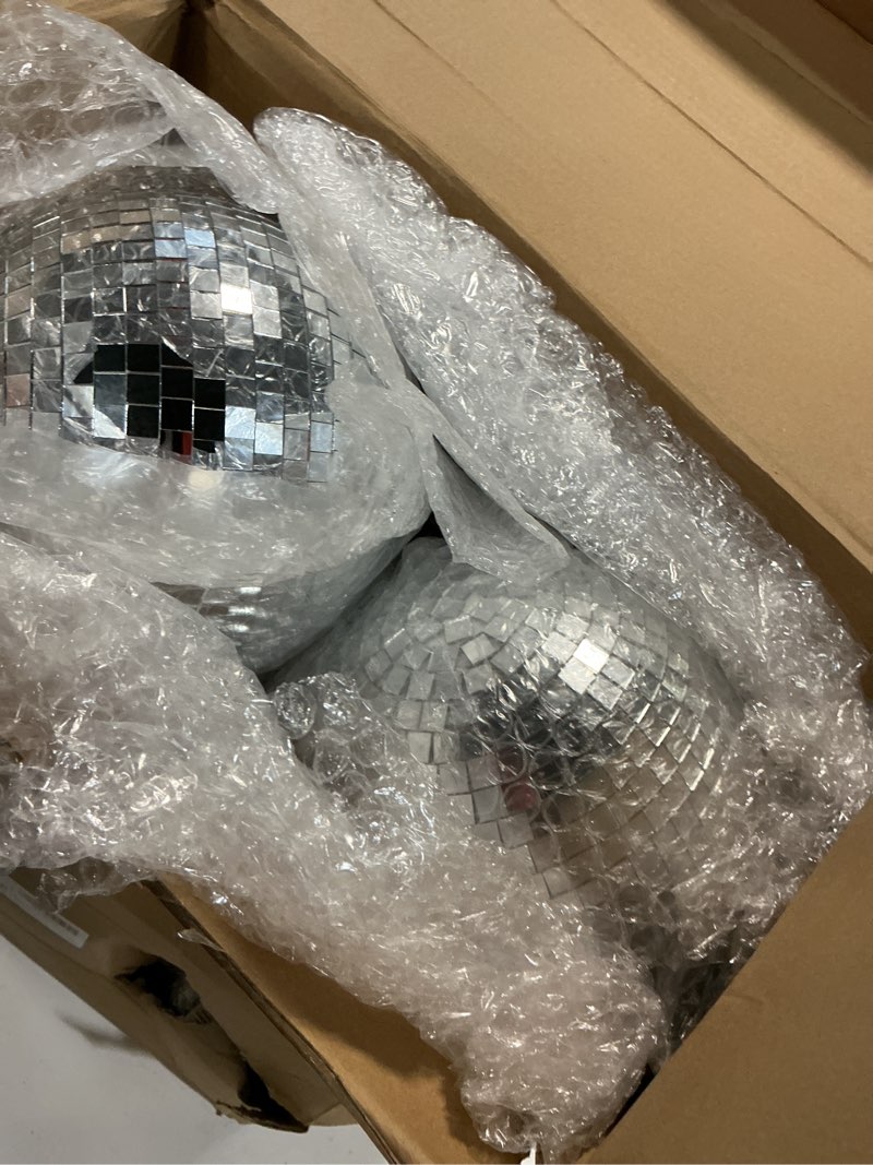 Condition photo showing Good Condition for haull 8 pcs large disco ball set silver mirror disco reflective ball with hanging ring party ornament decoration for stage club ballroom dance hall wedding prom props(8'', 6'', 4'')