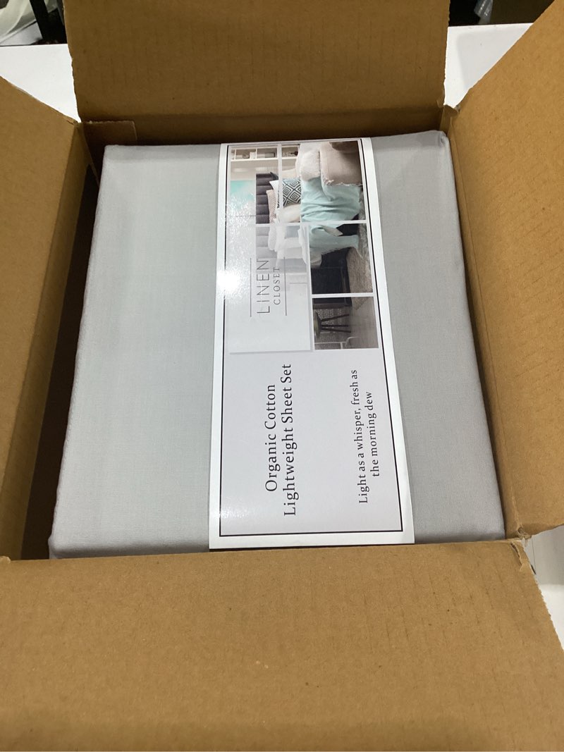 Condition photo showing New/Like New for linen closet 100% organic cotton twin xl sheets set, 3 pieces, light grey - percale bed sheets & pillowcases set - up to 14" deep pocket fitted sheet - cooling, crisp & breathable - for hot sleepers twin xl sheet set light grey