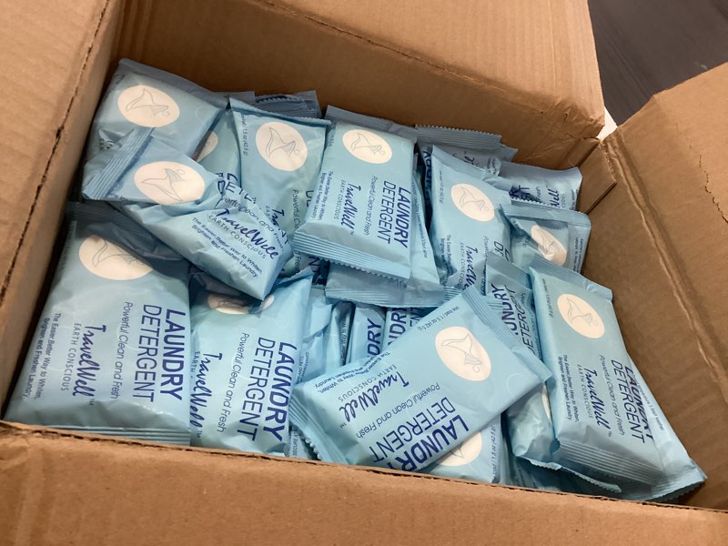 Condition photo showing New/Like New for Travel Well Laundry Detergent Powder Packets - TSA-Approved Hotel & Bulk Laundry Detergent Pack - Individually Packaged Paraben-Free Stain Remover Packets - Pack of 100, 1.5 Oz