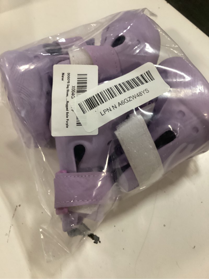 Condition photo showing Good Condition for dog shoes, dog sandals for hot pavement, non-slip waterproof dog booties for winter snowy day and summer, adjustable straps easy-clean beach outdoor pet boots rugged sole-4pcs purple purple size 5:?2.36''x1.89'')(l*w)