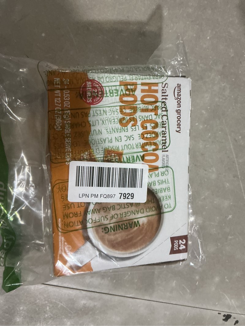 Condition photo showing New/Like New for amazon brand - happy belly hot cocoa pods compatible with 2.0 k-cup brewers, salted caramel flavored, 24 count 24 count (pack of 1)